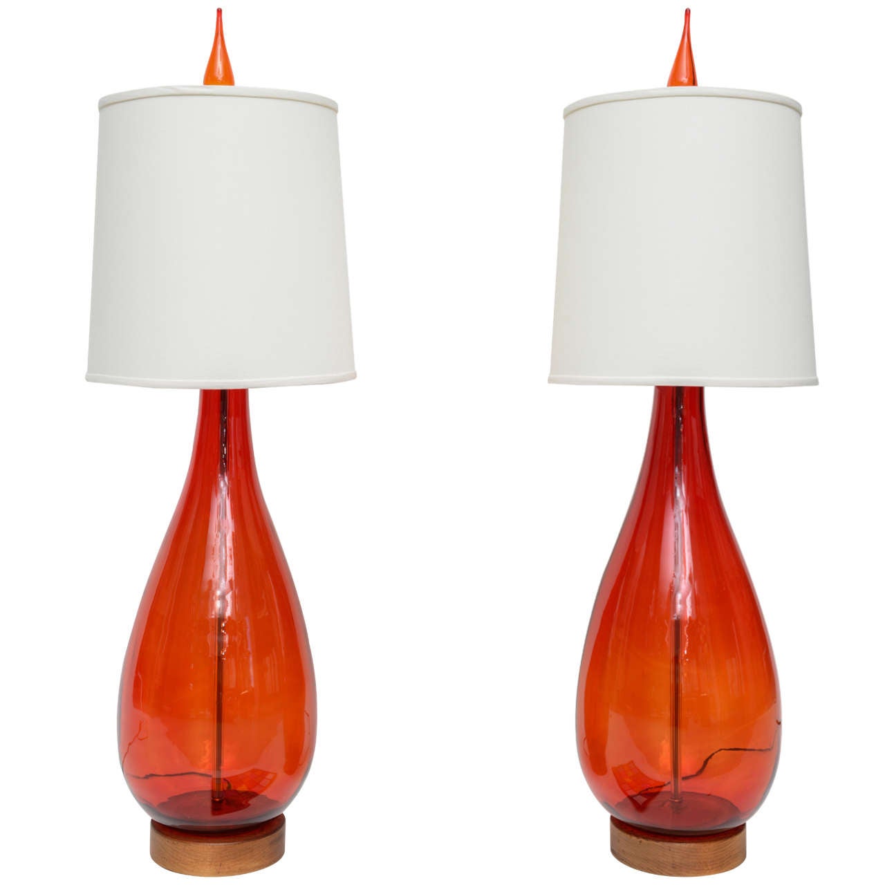 Pair of Large Tangerine Blenko Glass Lamps