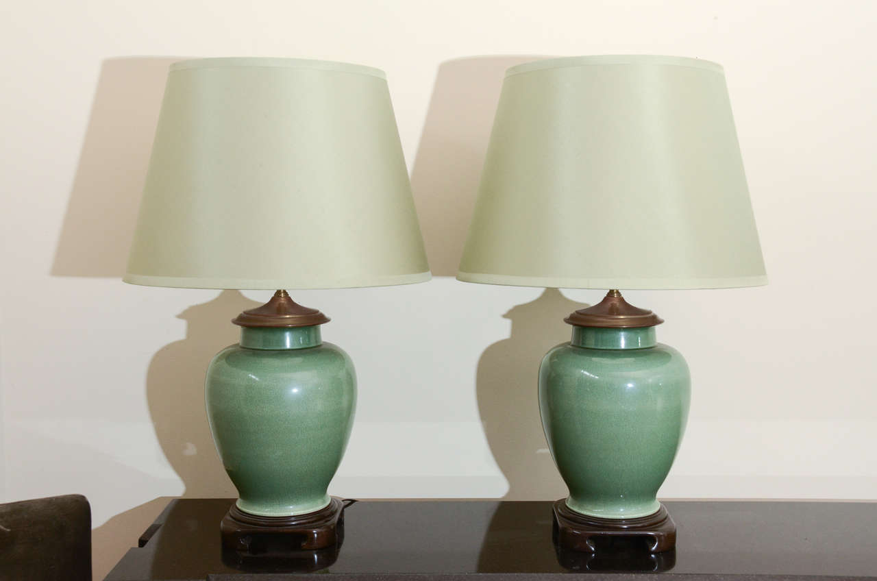 Mid-20th Century Pair Of Large Jade Ginger Jar Lamps