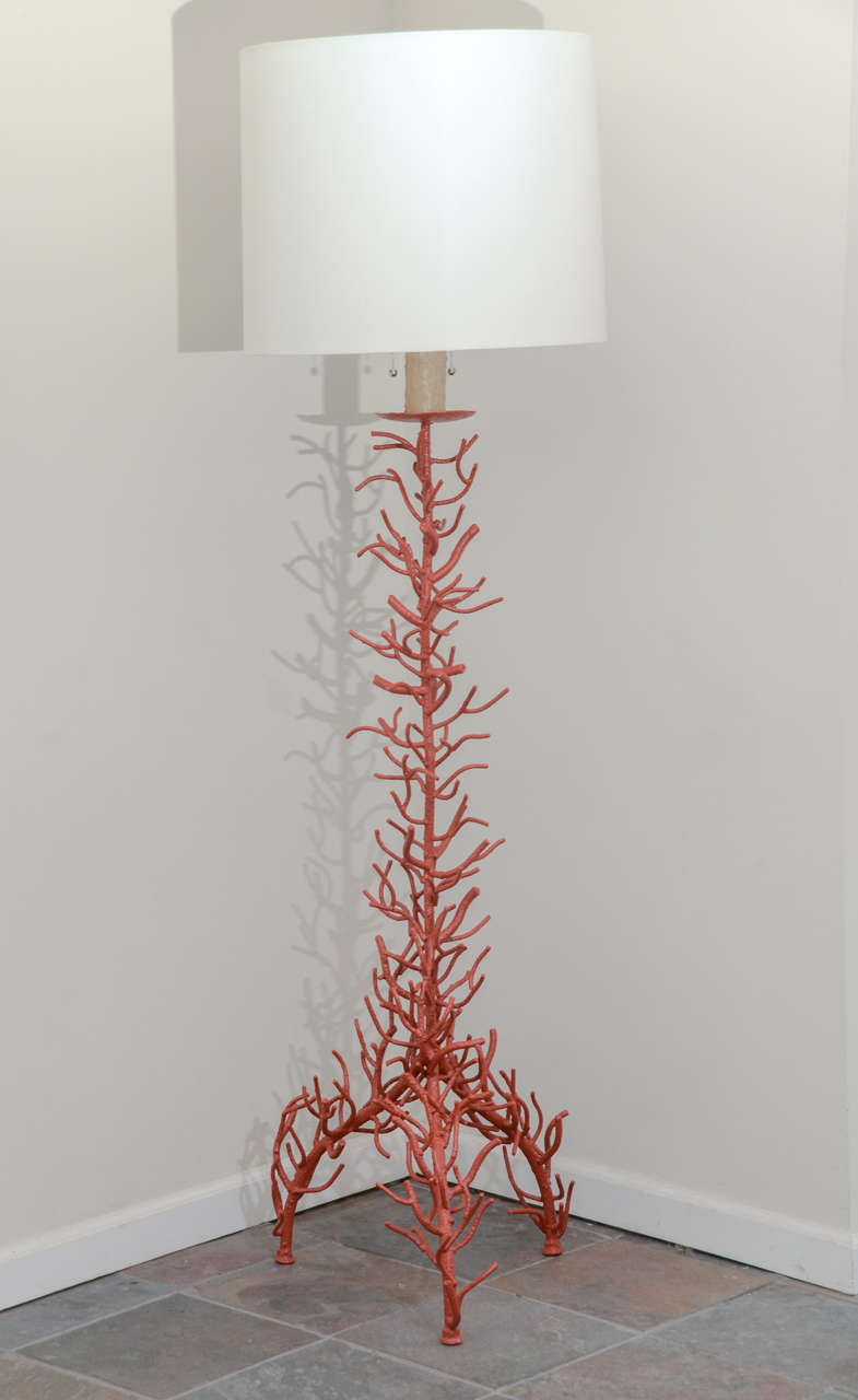 Thjs wonderful coral style floor lamp with a rich coral color finish, has been newly rewired with nickel double cluster and silk iridescent shade.