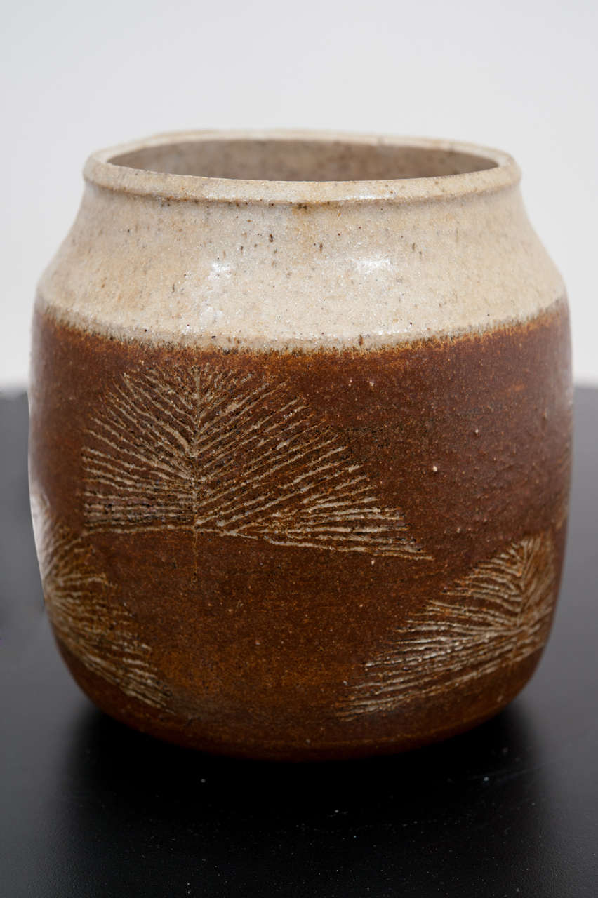 Stone ware vase by Dagny and Finn Hald. Earth color vassel with delicate incised stylized treesw. Signed to underside Hald Soon Norway.