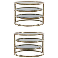 Pair of Tubular Brass Three Tiered Tables with Smoke Glass