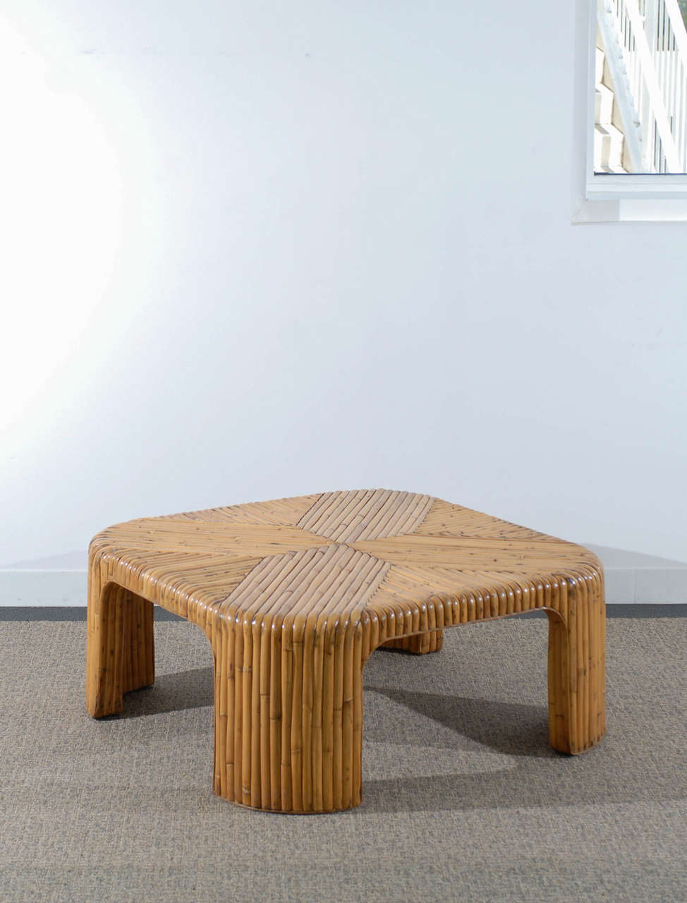 Great looking vintage bamboo coffee table, circa 1970's.  This stout and expertly made table is excellent for heavy use areas.  A beautiful and useful  piece that will anchor a room while introducing warmth and texture. Excellent Restored Condition,