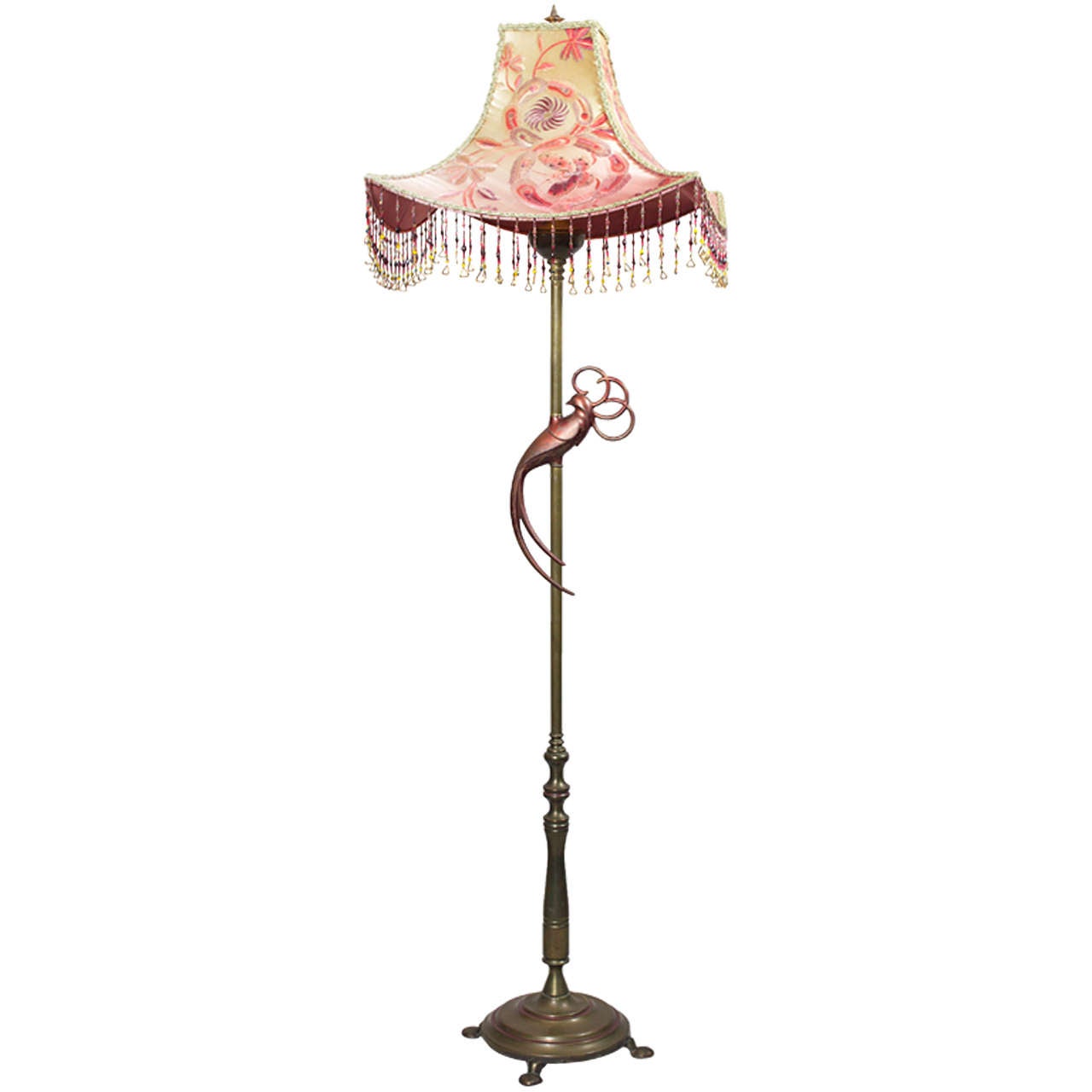 Art Deco Floor Lamp with Stylized Bird and Hand Made Shade