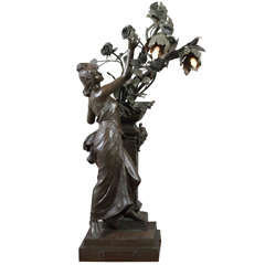 Antique Huge Art Nouveau Bronze Lamp, "Flore" by Henri Levasseur