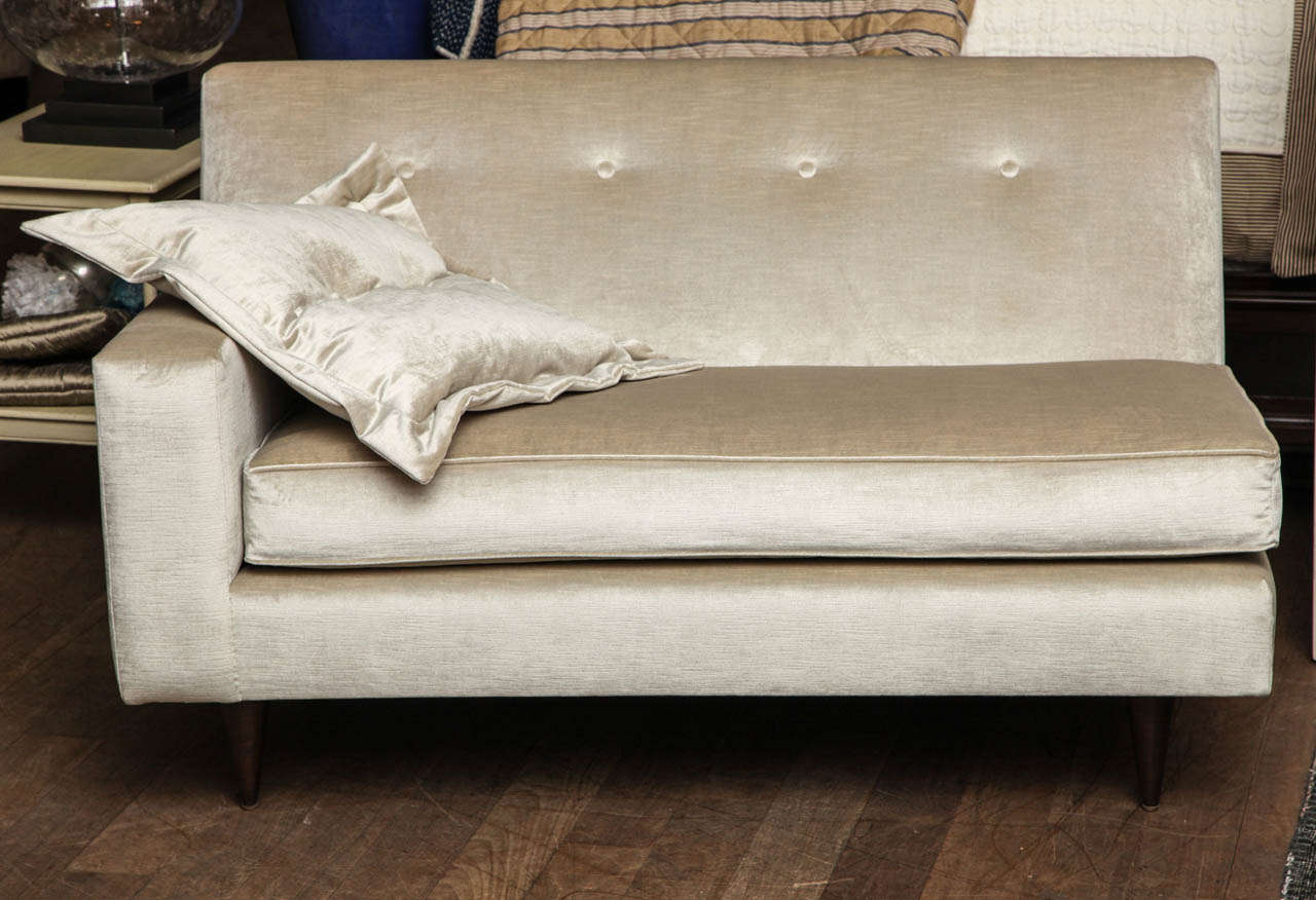 Single arm chaise circa 1940 upholstered in oyster velvet with updated tufting