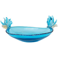 Hand Blown Murano/Venetian/Barbini Turquoise Centerpiece with Applied Flowers