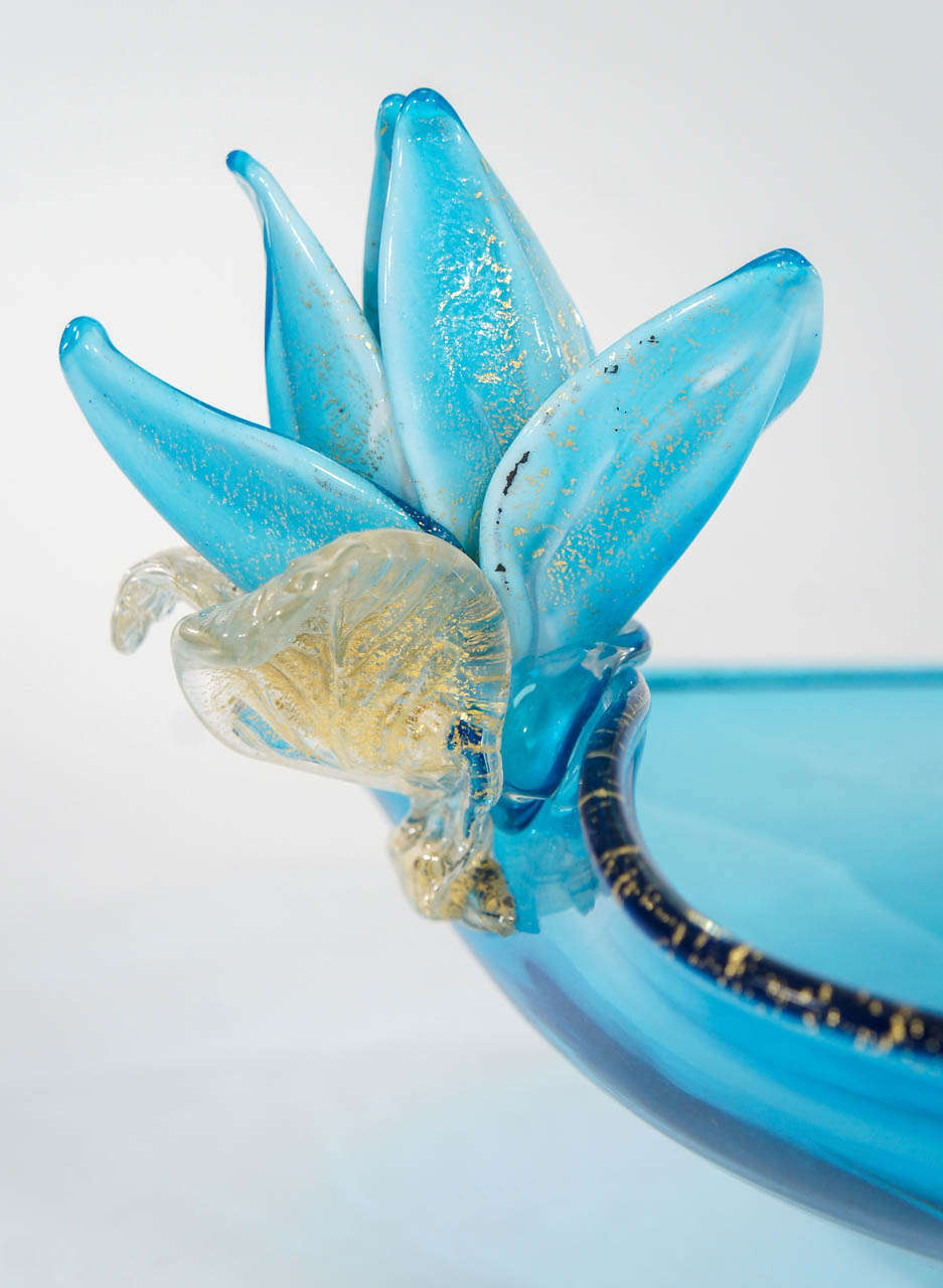Hand Blown Murano/Venetian/Barbini Turquoise Centerpiece with Applied Flowers 1