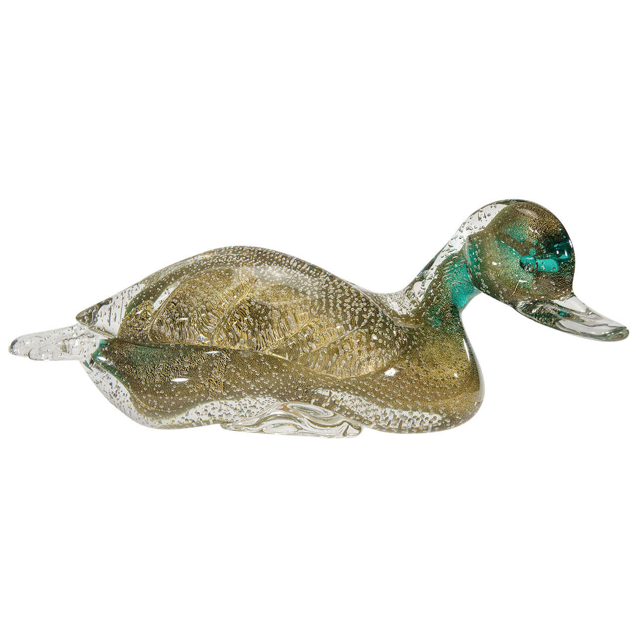 Murano Barbini, Handblown Duck with Controlled Bubbles, Gold Leaf and Cased to Clear