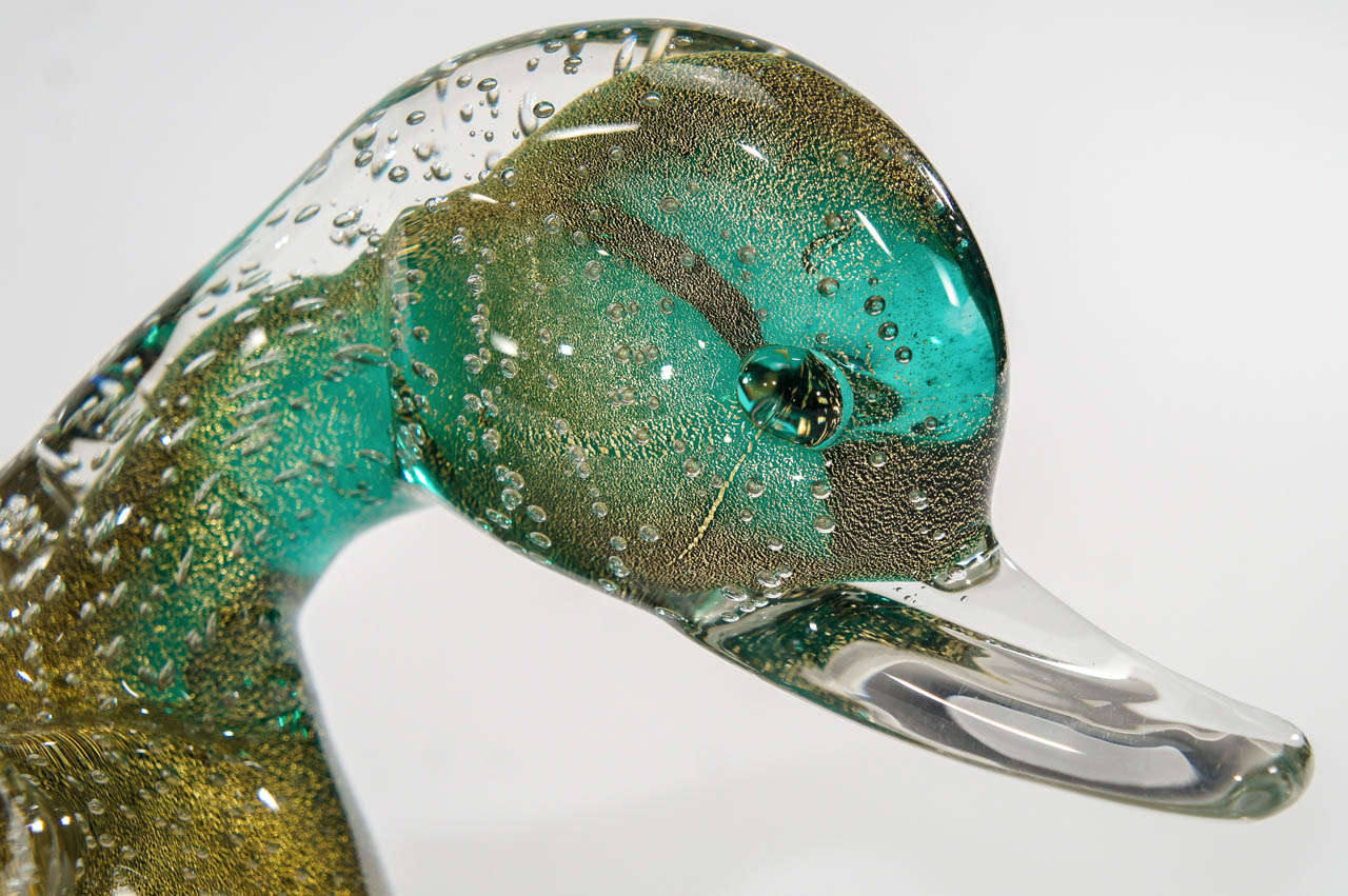 Murano Barbini, Handblown Duck with Controlled Bubbles, Gold Leaf and Cased to Clear 1