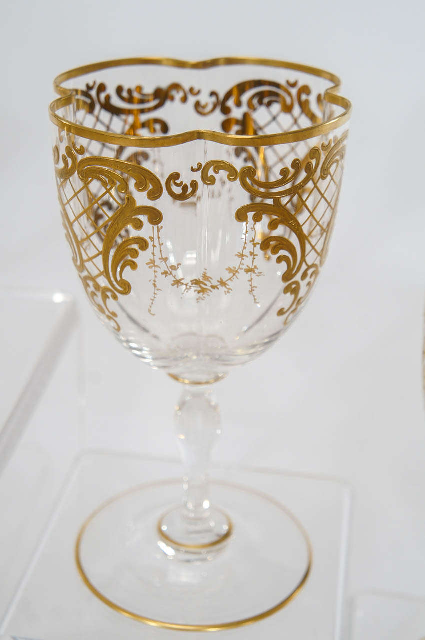 Extraordinary Handblown Quatrefoil Crystal Stemware Service with Raised Gold In Excellent Condition In Great Barrington, MA