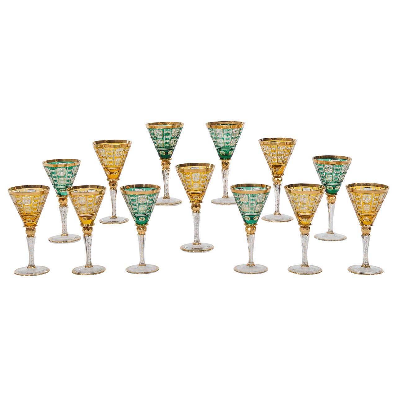 Set of 13 Harrach/Moser Monumental Cut to Clear Goblets with Gold