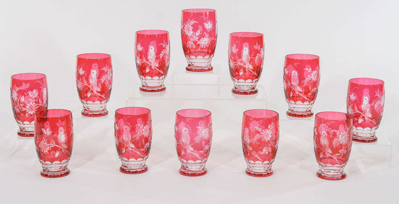 This is a wonderful set of 12 hand blown crystal tumblers made by Val St. Lambert, perfect with any dramatic table setting. They are cased in cranberry crystal and cut to clear revealing a floral motif surrounding song birds and the size is useful