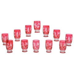12 Val St. Lambert Hand Blown Crystal Large Tumblers Cut to Clear with Birds