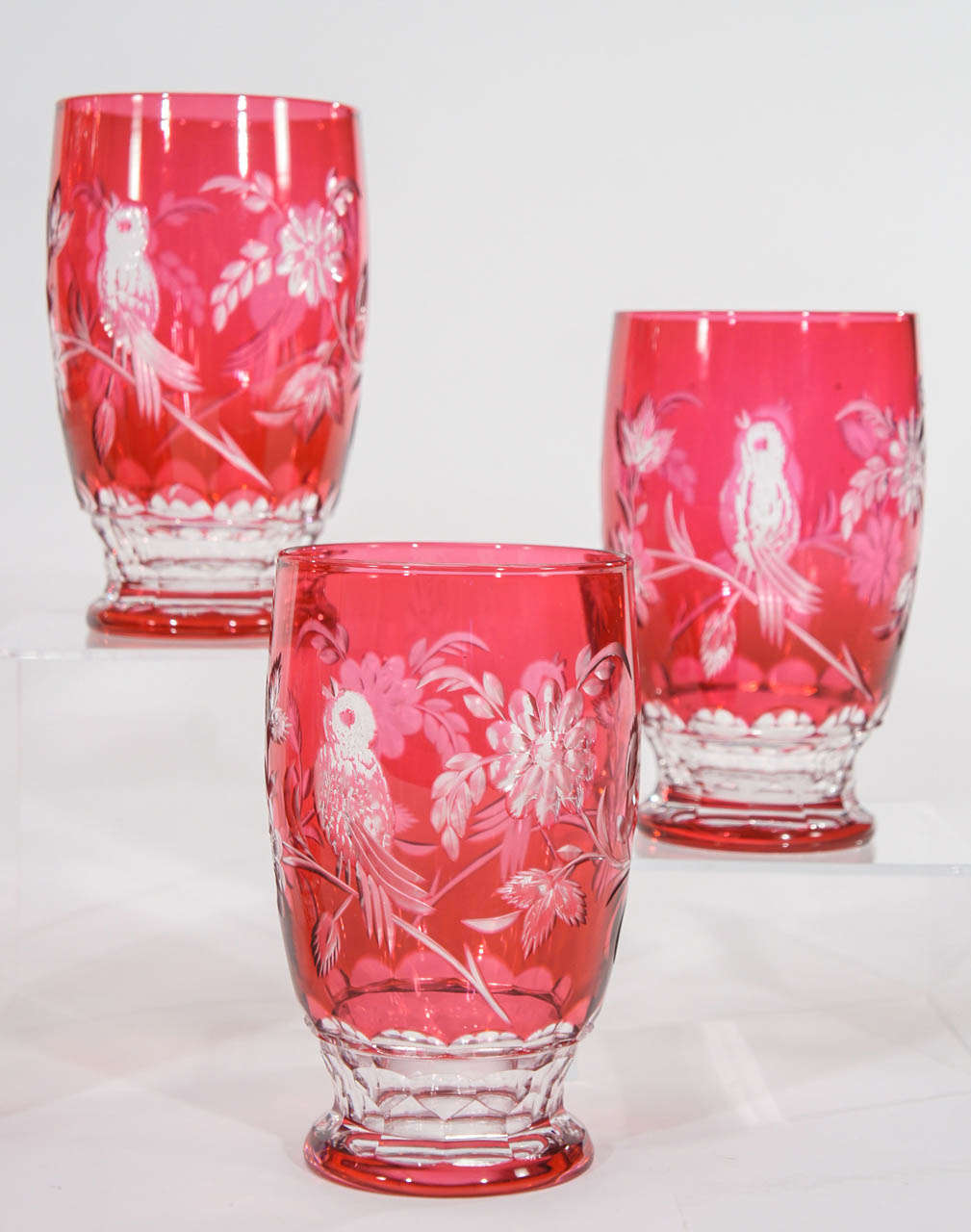 Aesthetic Movement 12 Val St. Lambert Hand Blown Crystal Large Tumblers Cut to Clear with Birds