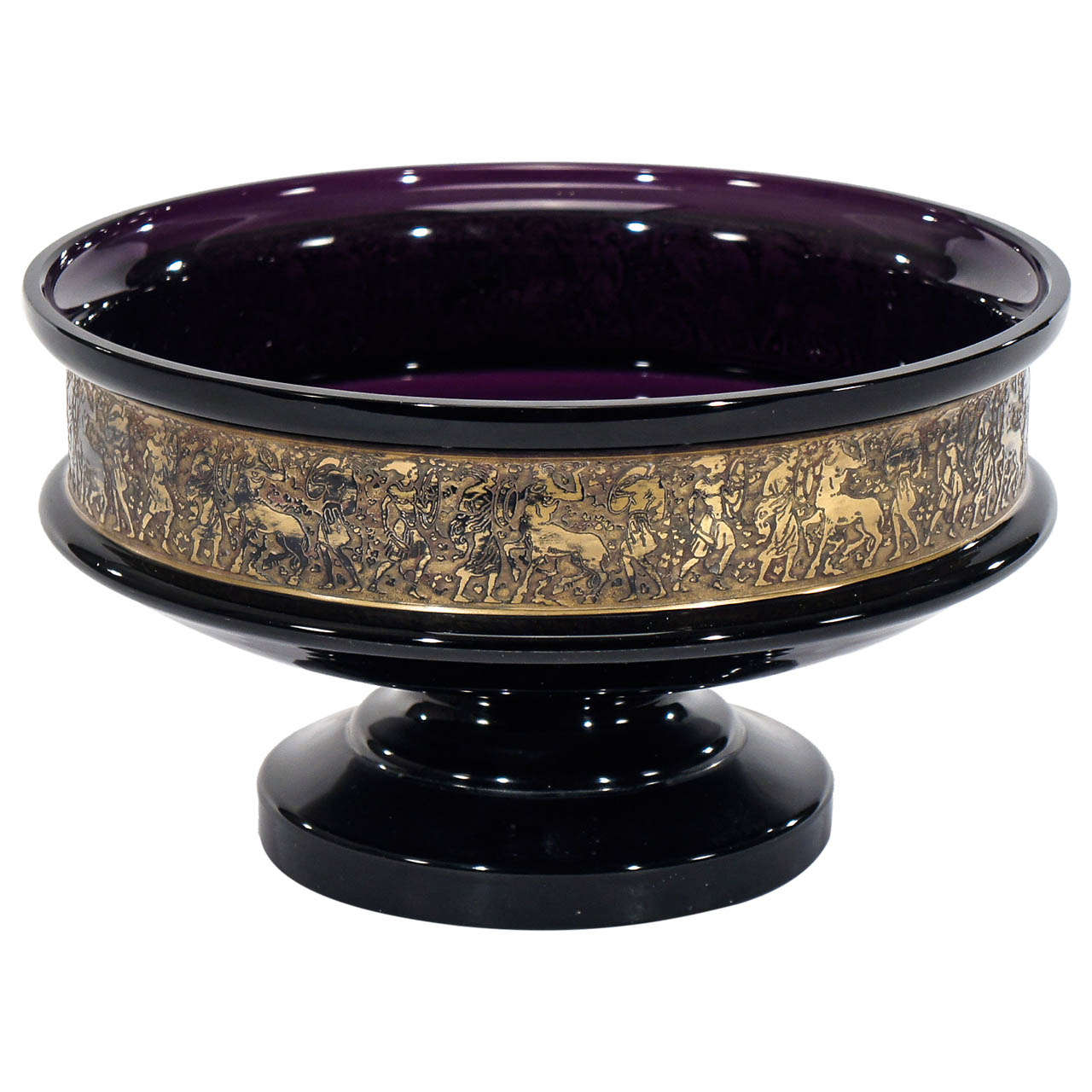 Signed 19th Century Moser Amethyst Crystal Footed Bowl with Gilded Cameo Frieze