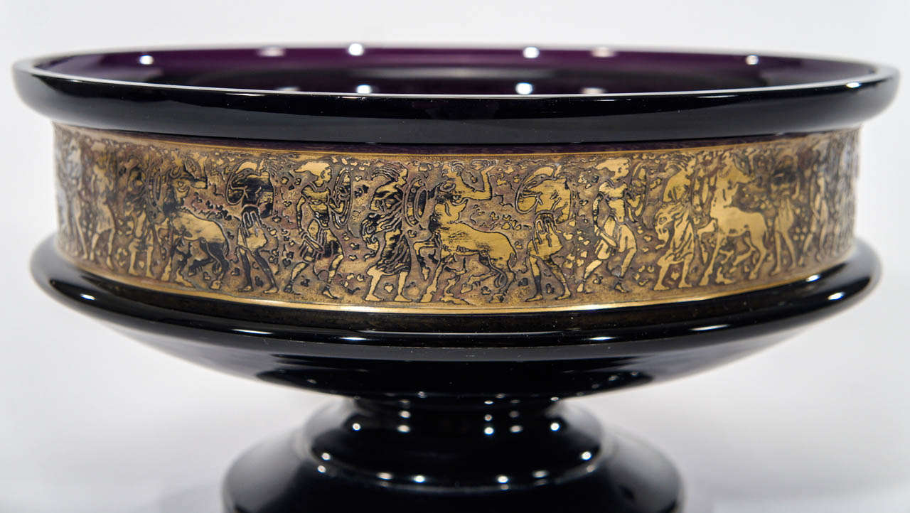 Signed 19th Century Moser Amethyst Crystal Footed Bowl with Gilded Cameo Frieze In Excellent Condition In Great Barrington, MA