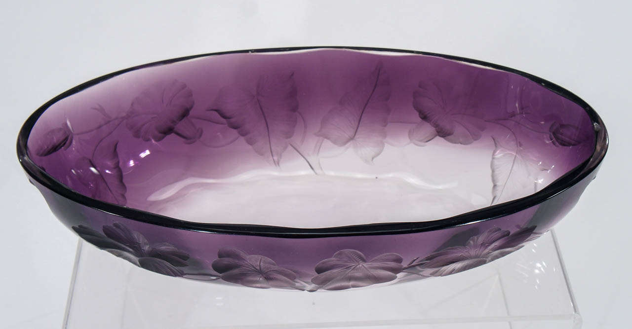 This is an unusual Art Nouveau, handblown crystal centerpiece made by Moser, Karlsbad, circa 1890. The size and shape make it a perfect choice for a floral arrangement, low and elegant. The shaded amethyst is another rare element that adds to it's