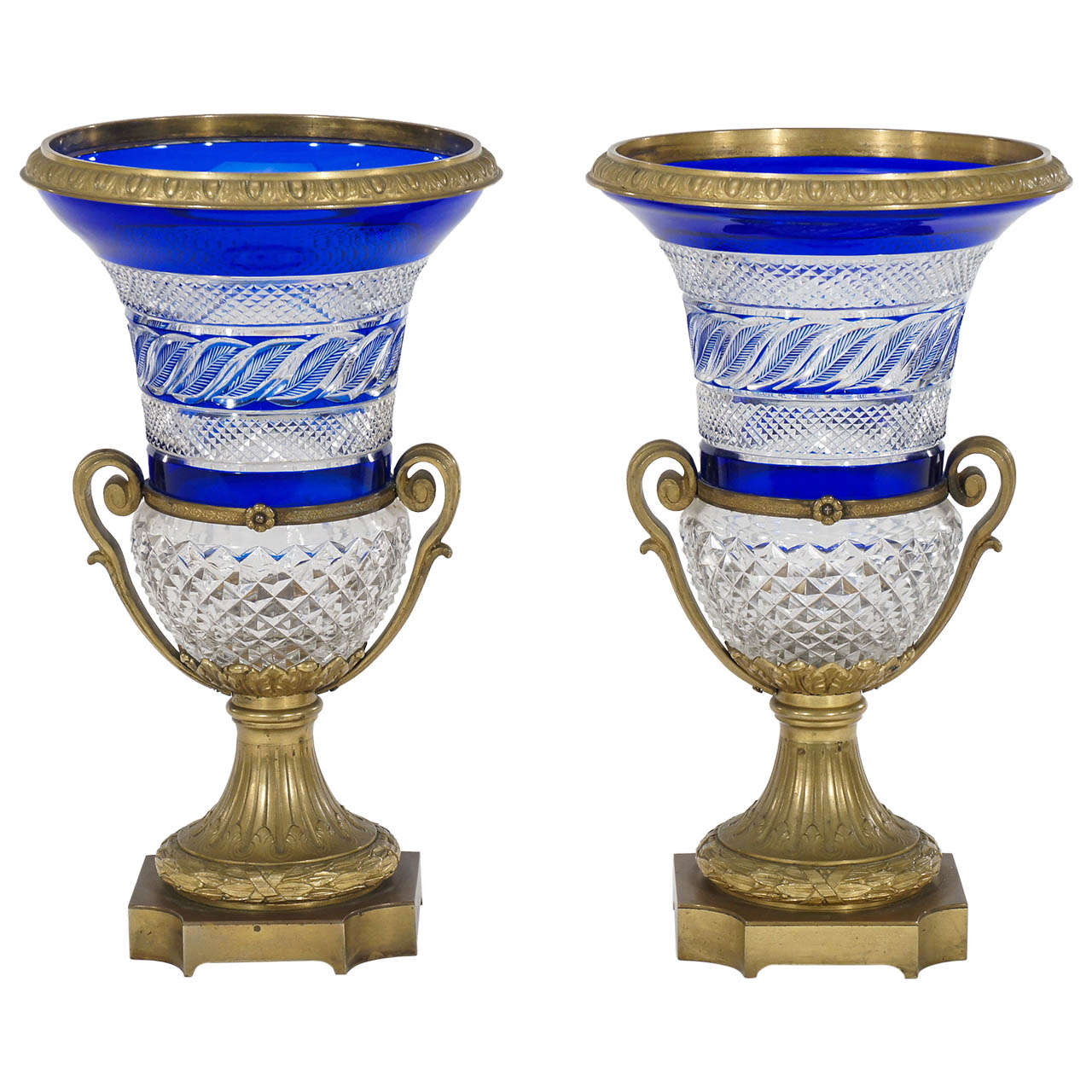 Pair of Russian Cobalt Overlay Cut to Clear Crystal Vases with Bronze Mounts