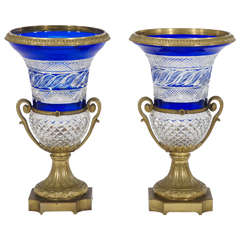 Pair of Russian Cobalt Overlay Cut to Clear Crystal Vases with Bronze Mounts