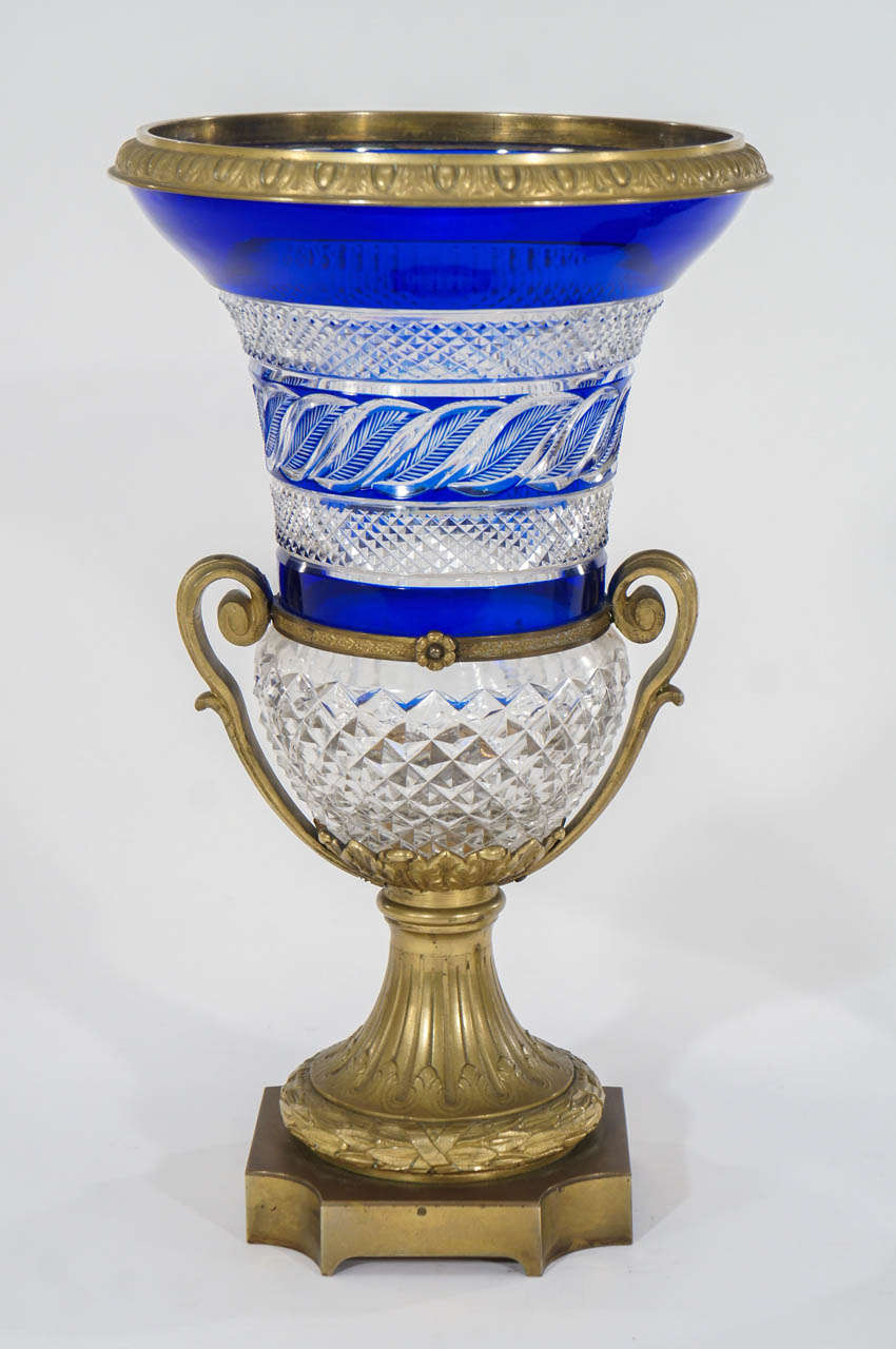 Pair of Russian Cobalt Overlay Cut to Clear Crystal Vases with Bronze Mounts In Excellent Condition In Great Barrington, MA