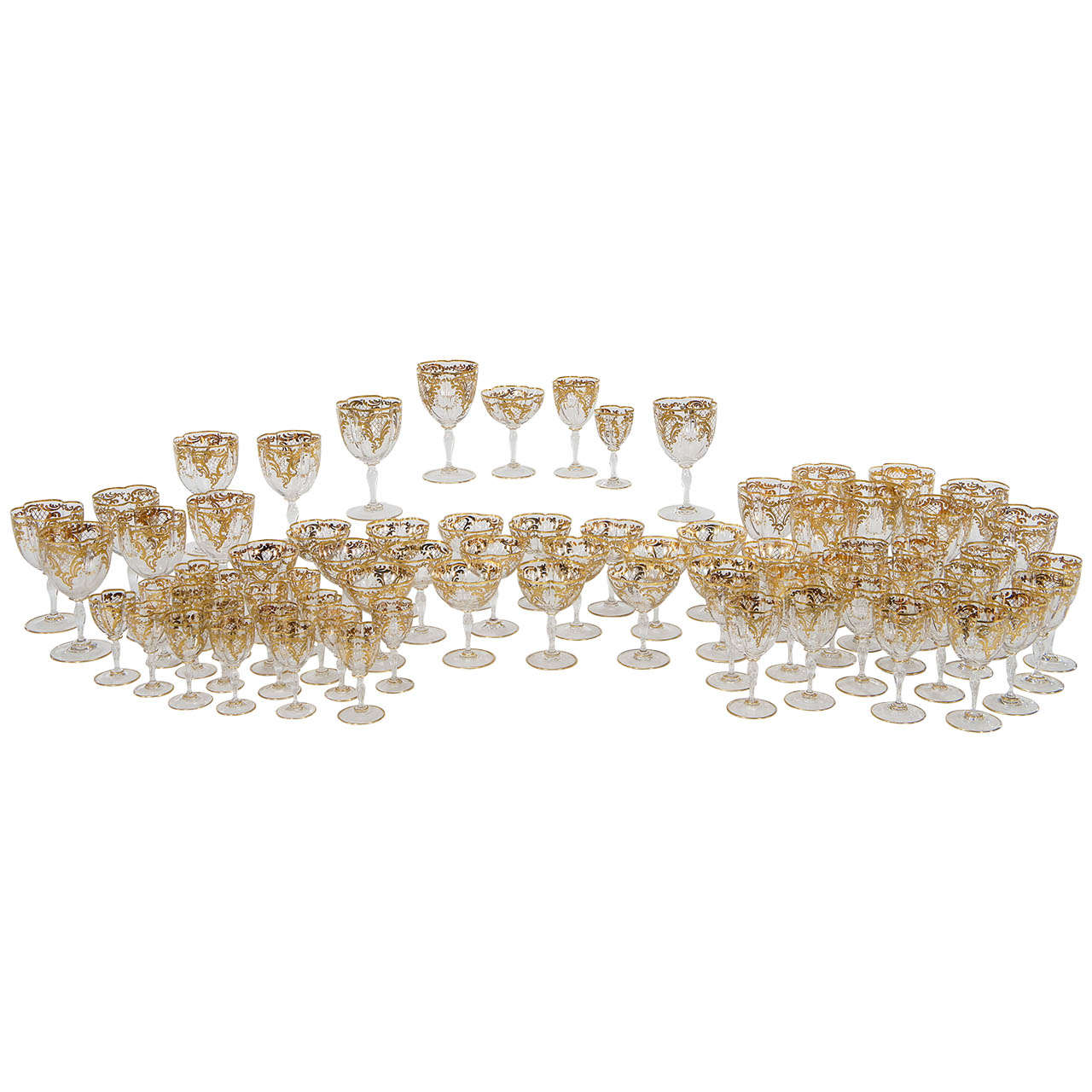 Extraordinary Handblown Quatrefoil Crystal Stemware Service with Raised