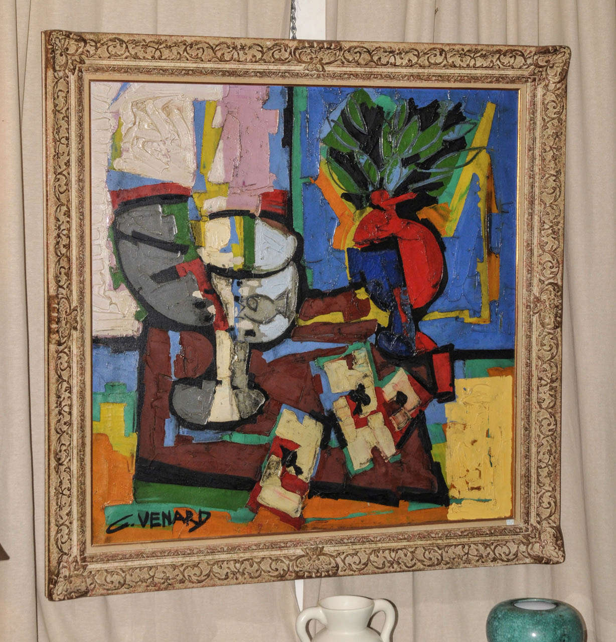 1950-1960's oil on canvas painting by Claude Venard (1913-1999). Post-cubism period. Original wood frame. Good condition. Normal wear consistent with age and use.