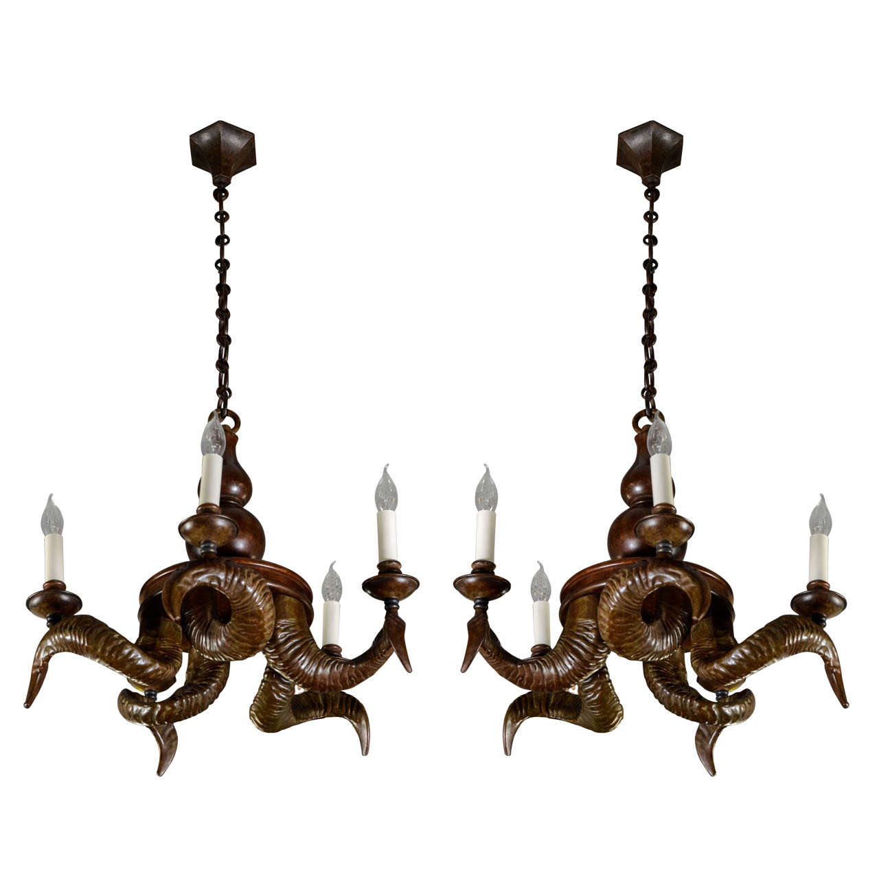 Pair of Bronze Horns Chandeliers For Sale