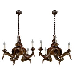 Vintage Pair of Bronze Horns Chandeliers