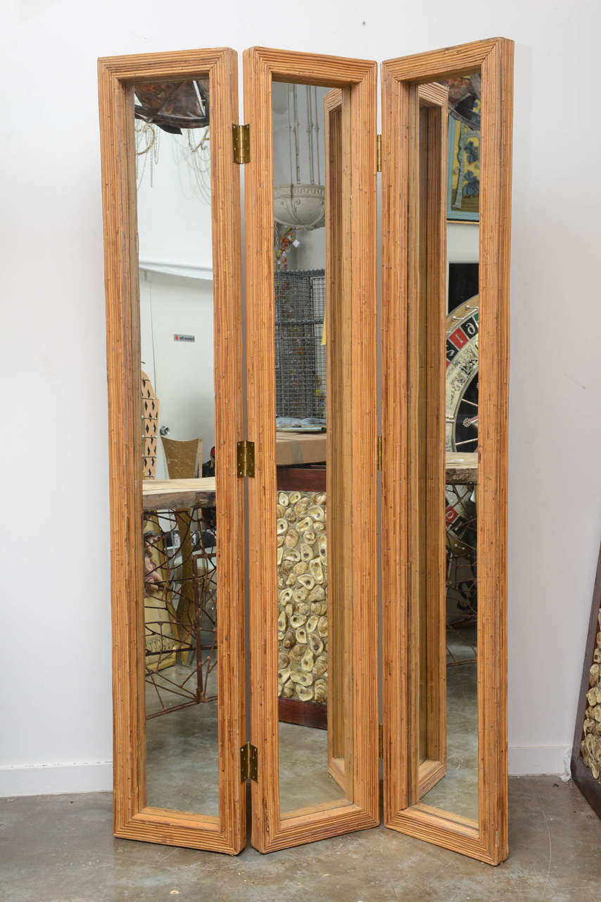 Chic three paneled screen made of banded rattan surrounding mirrors. This wonderfully decorative mirrored screen is a perfect accent for any home.