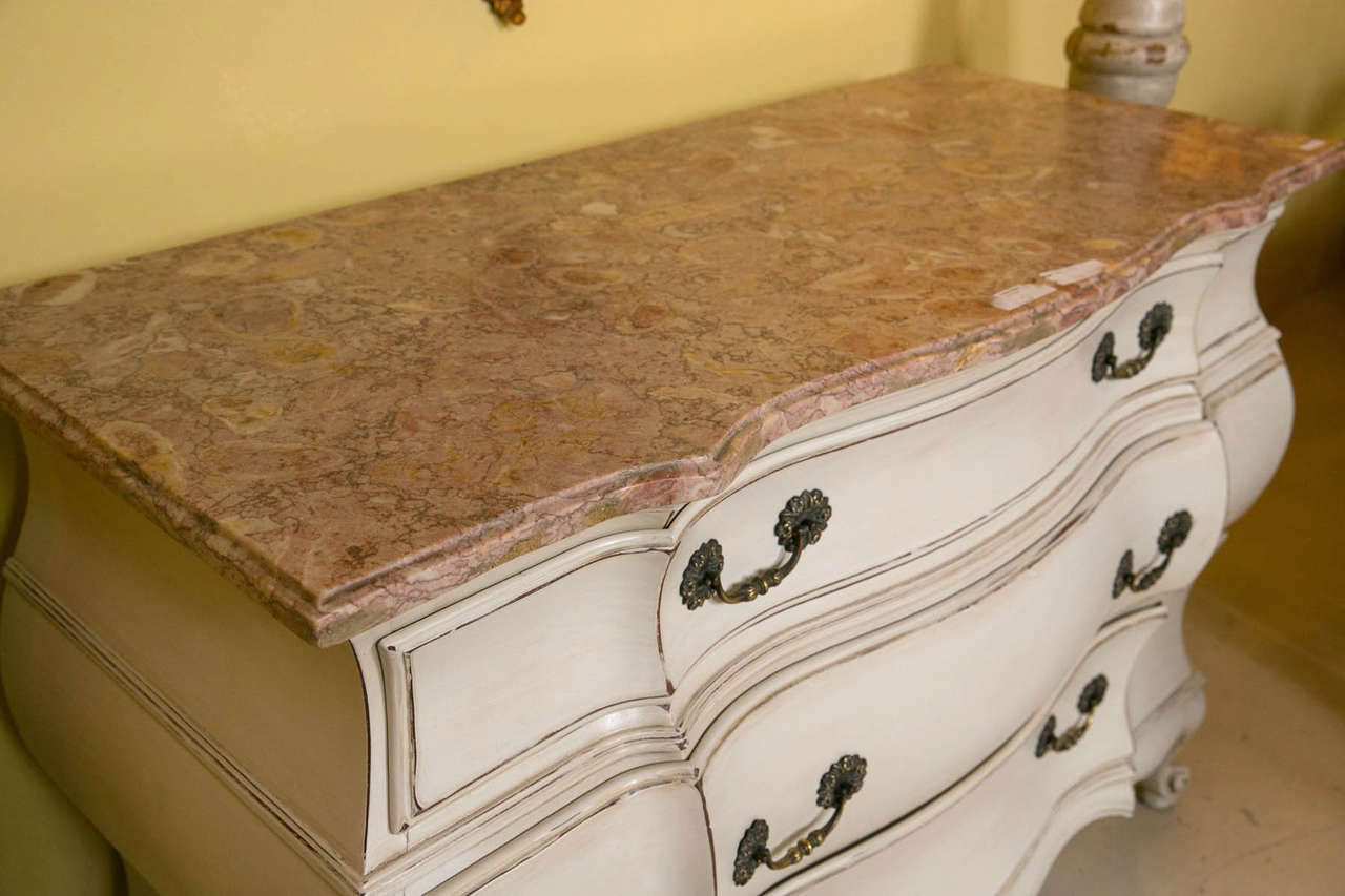 Pair of Antique Distress Painted, French Marble-Top Bombe Commodes In Good Condition In Stamford, CT