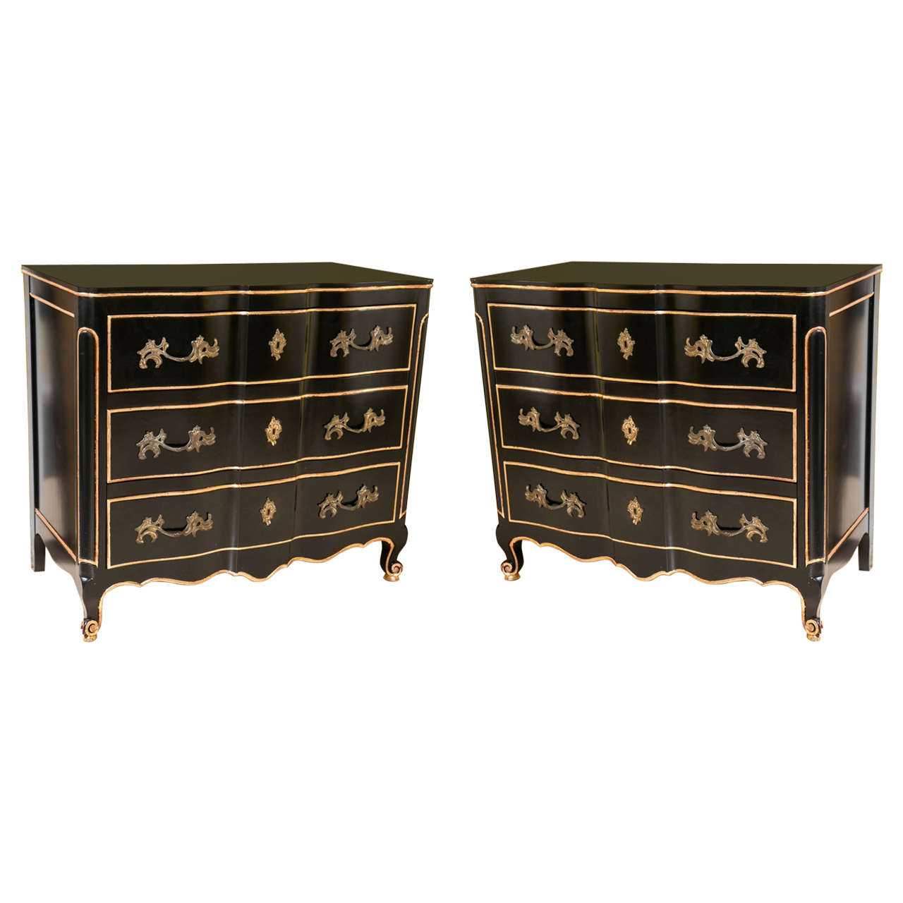 Pair of Ebonized and Gilt Gold Louis XV Style Commode Chests
