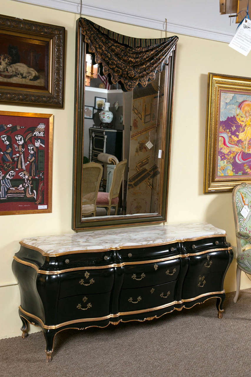 Hollywood Regency Louis XV Style Bombe Marble-Top Ebonized Sideboard Dresser
