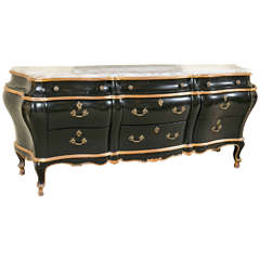 Louis XV Style Bombe Marble-Top Ebonized Sideboard Dresser