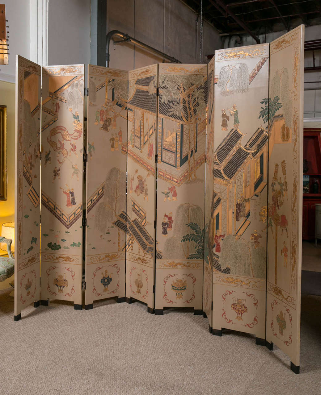 Monumental eight-panel Chinese room divider or folding screen. Each panel measuring 18