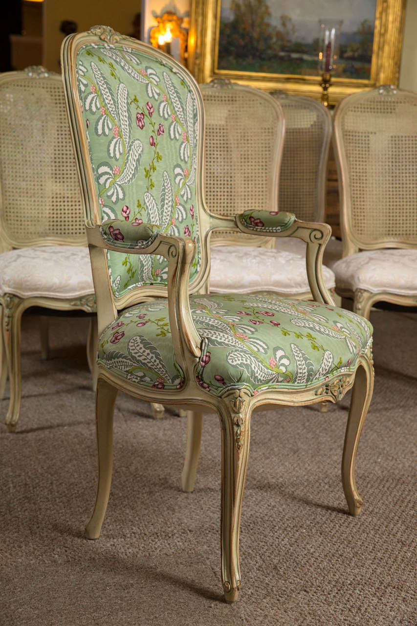 Set of Eight Louis XV Style Paint Decorated Dining Chairs 1