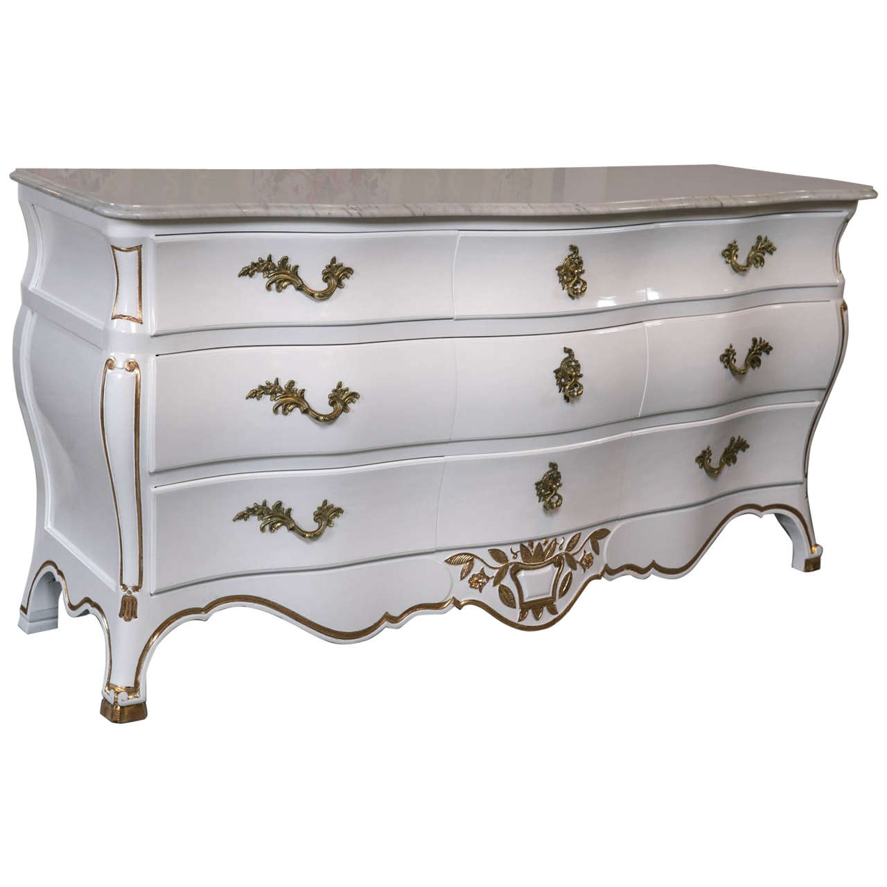 White and Gilt Gold Decorated Louis XV Style Bombe Dresser Carrara Marble Top For Sale