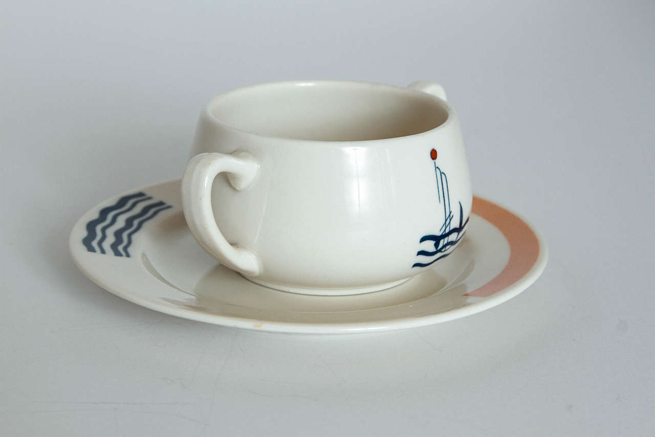 Hand-Painted Art Deco S.S. Leviathan Two-Piece Matched Pairs Serveware, Eugene and Lee Schoen For Sale