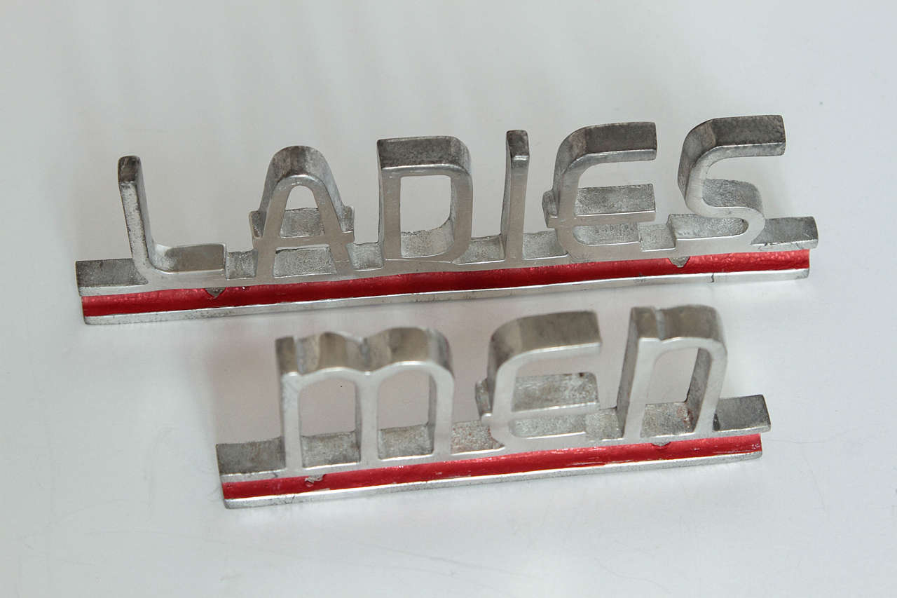 Machine Age Chrome and Enamel Bathroom Markers, Signs 2