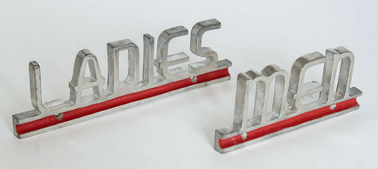 Machine Age Chrome and Enamel Bathroom Markers, Signs 4