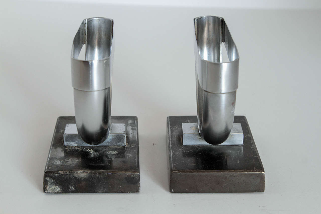 Art Deco Rare Pair of Revere Crescent Candlestick Holders by Norman Bel Geddes For Sale