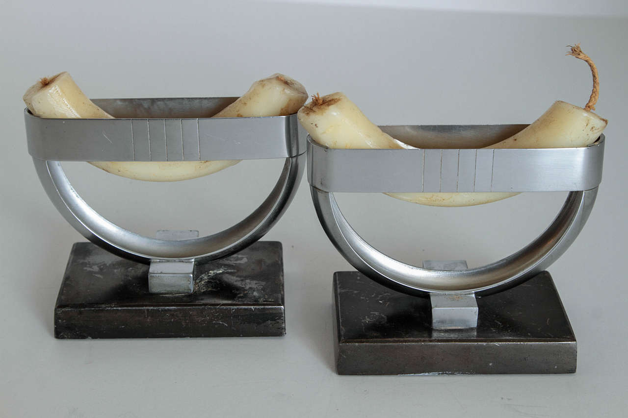 Rare Pair of Revere Crescent Candlestick Holders by Norman Bel Geddes In Fair Condition For Sale In Dallas, TX