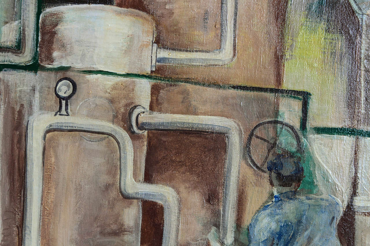 1933 Signed WPA Style Boiler Room Study Oil on Canvas 1