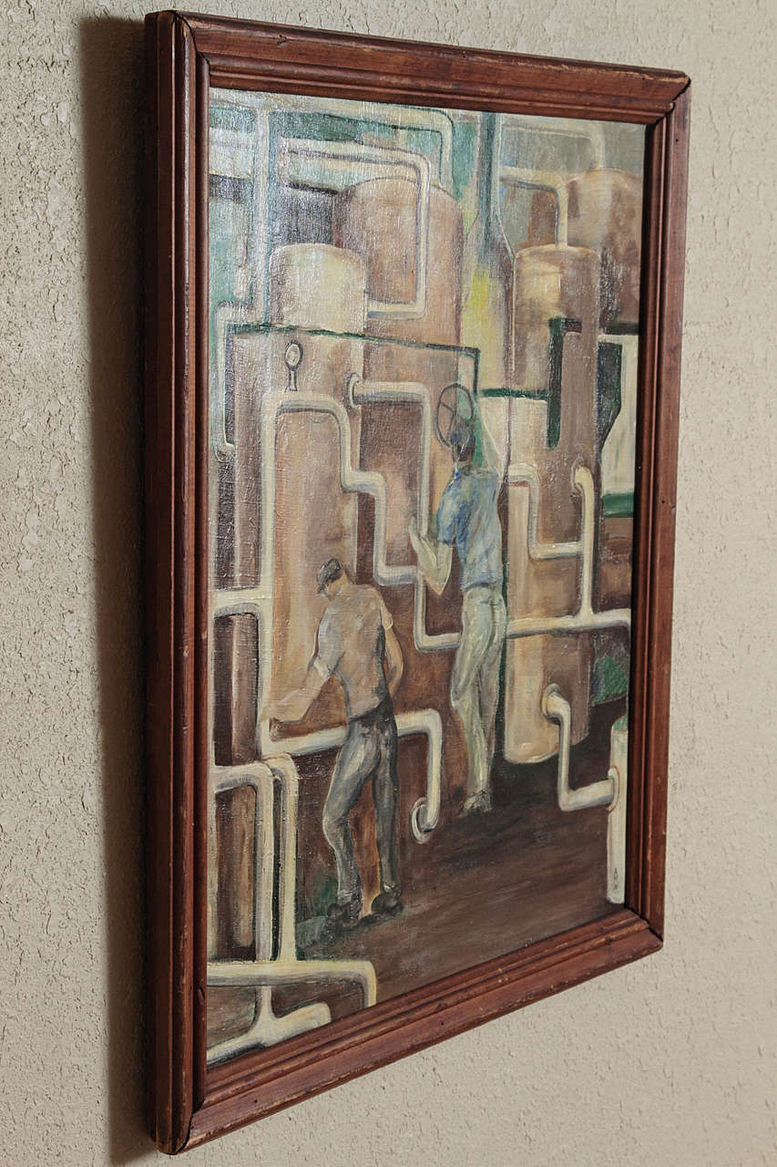 1933 Signed WPA Style Boiler Room Study Oil on Canvas 4