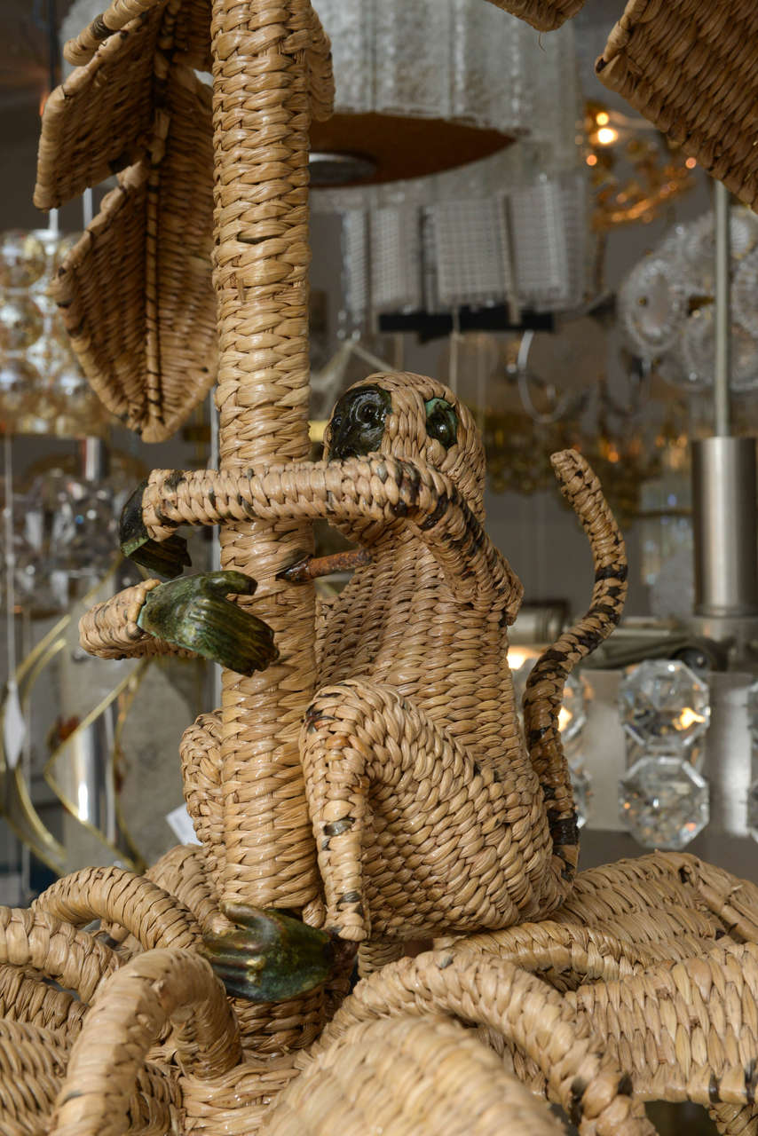 Mexican Whimsical Wicker and Mixed Metal Monkey Chandelier by Mario Lopez Torres