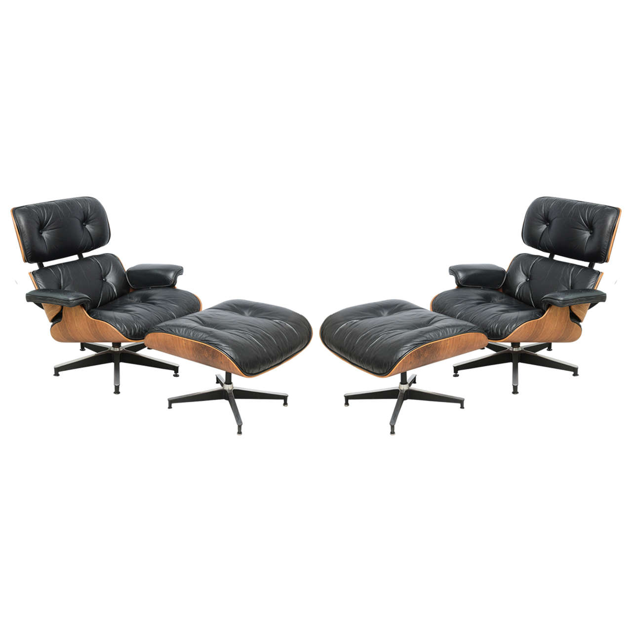 Two Vintage Eames Rosewood and Black Leather Lounge Chairs