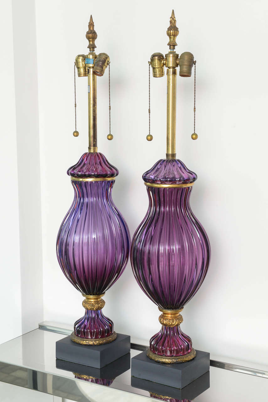 Mid-Century Modern Large Pair of Vintage Purple Murano Glass Lamps, Marbro