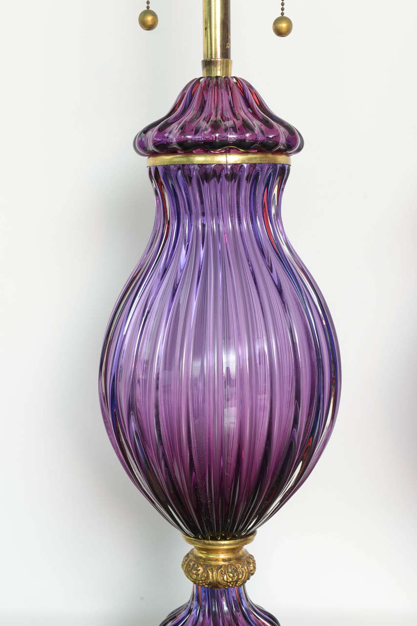 Large Pair of Vintage Purple Murano Glass Lamps, Marbro In Excellent Condition In West Palm Beach, FL