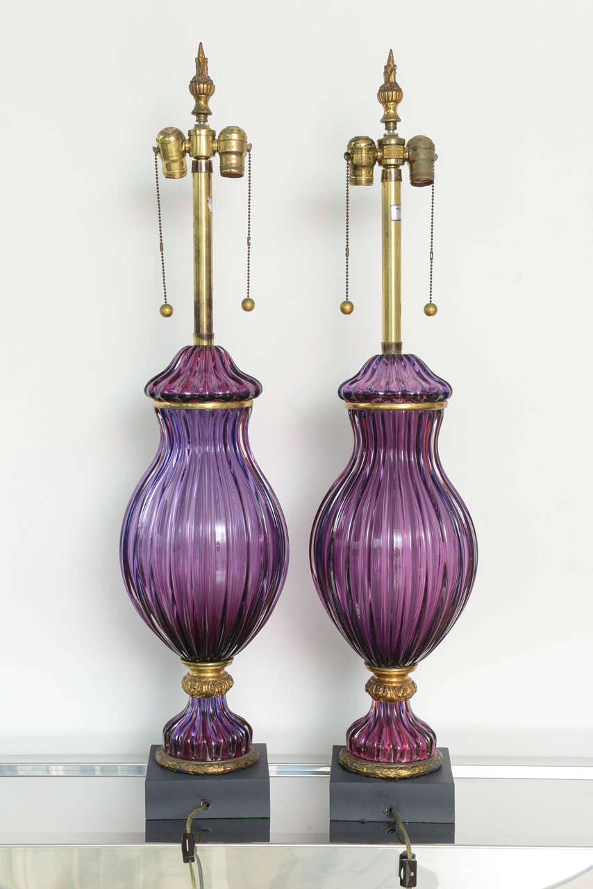 Large Pair of Vintage Purple Murano Glass Lamps, Marbro 1
