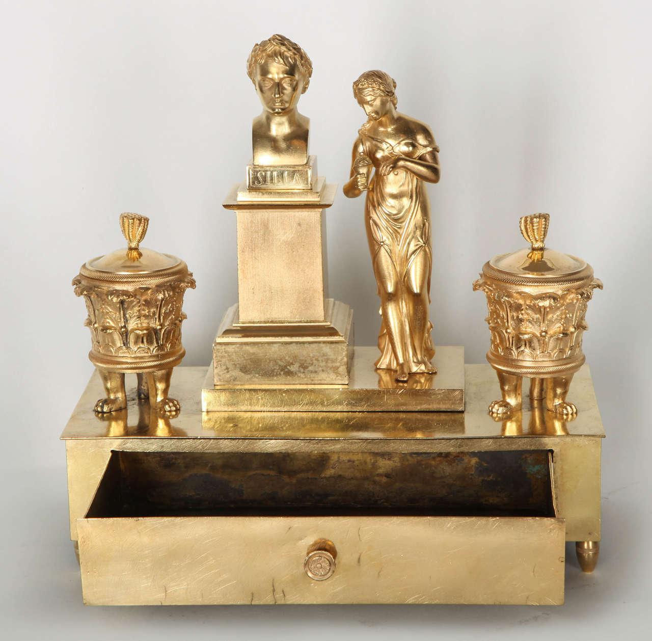 Napoleon III Small Gilded Bronze Inkwell with the Bust of Silla, France, Late 19th Century