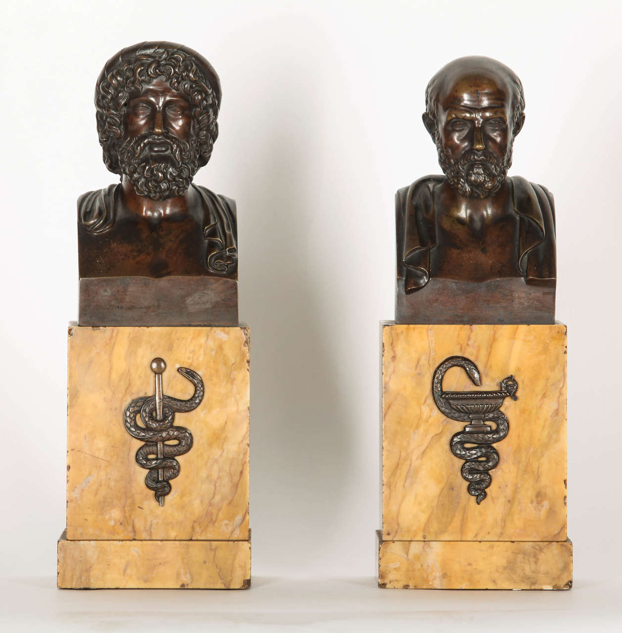 19th Century Bronze Busts of Asclepius and Hippocrates on Marble Stands